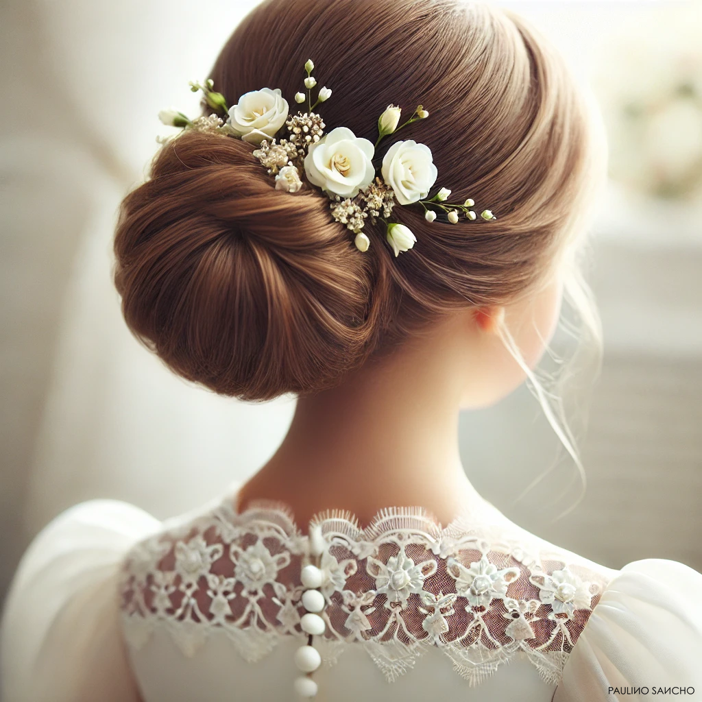 Moño bajo con pequeñas flores​