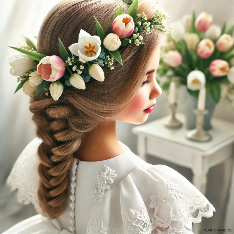 Peinado de trenzas clásicas con corona de flores