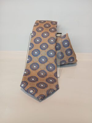 Corbata beige con estampado geométrico azul