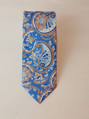 Corbata de Seda Azul con Estampado Cachemir Naranja y Blanco