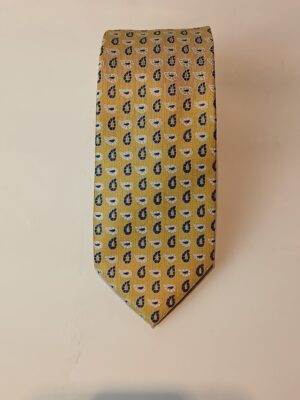 Corbata de Seda Oro con Microdibujo Cachemir Azul y Plata